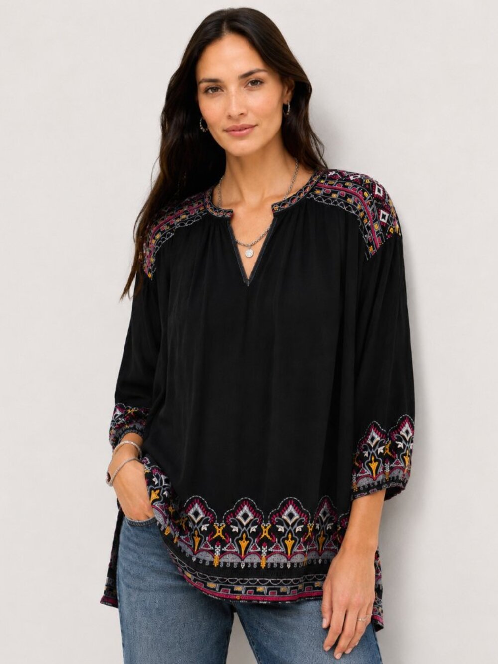 NEW JOHNNY WAS Margot Embroidery Blouse $298, Size XL, Black Boho Chic
